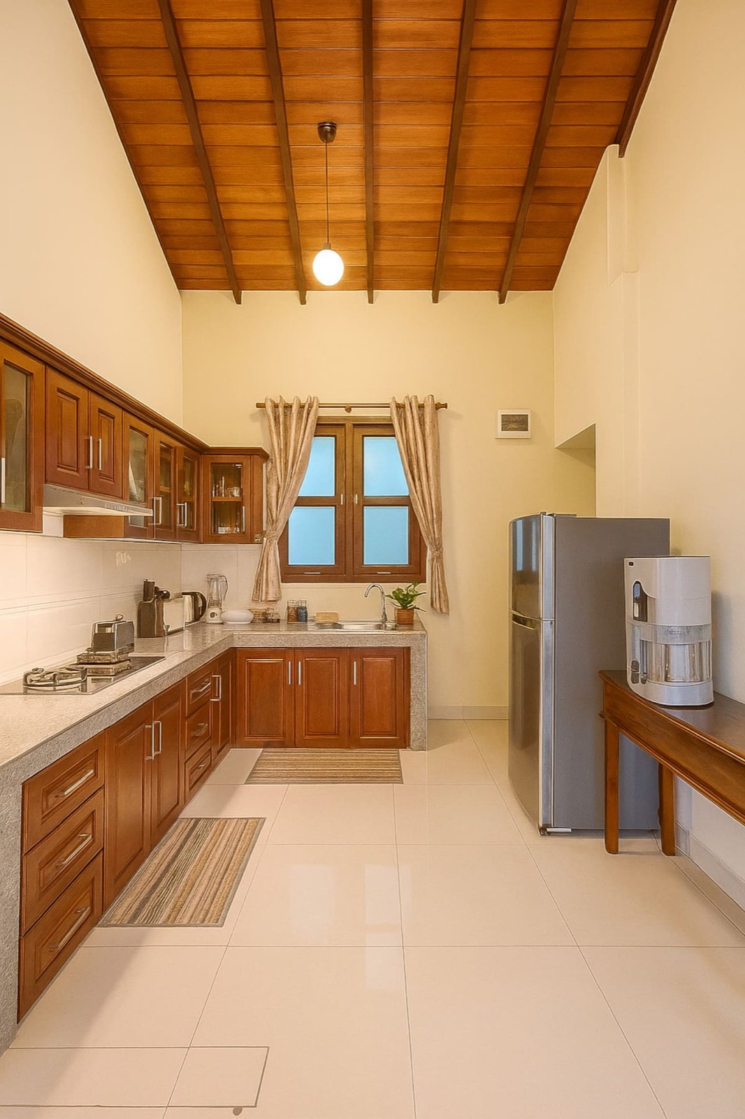 Modern kitchen with granite countertops and wooden ceiling